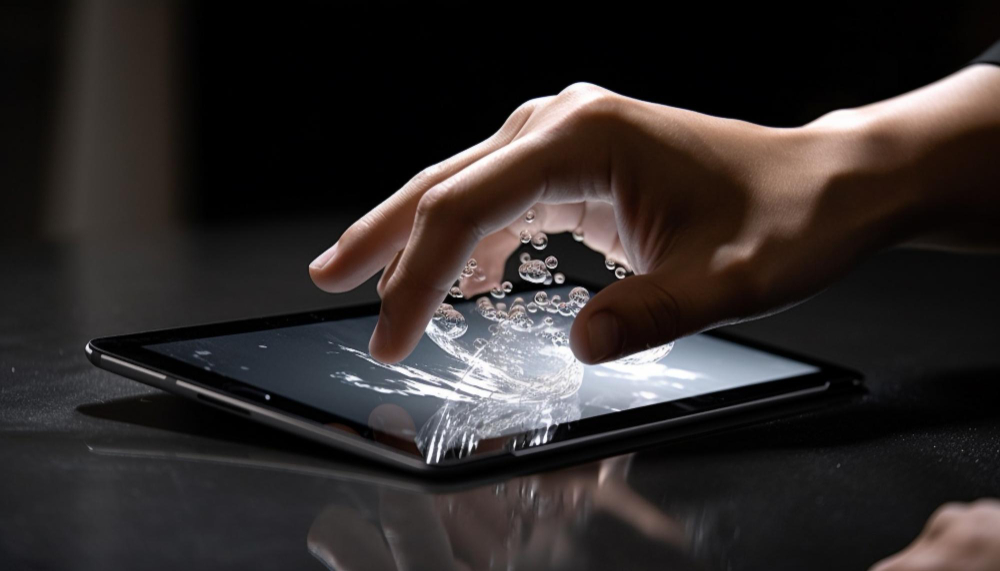 Uma mão tocando a tela do tablet.
