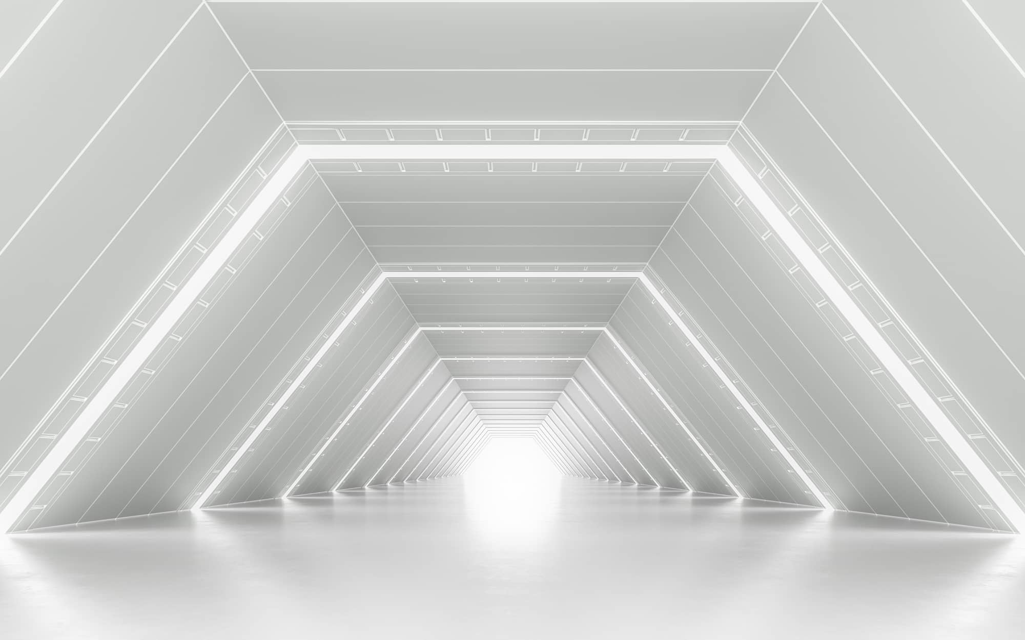 Illuminated white corridor interior design. 3D rendering.